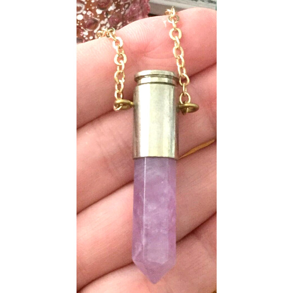 New Natural Purple Amethyst Crystal Point Bullet Style Pendant w/ Goldtone Chain - Picture 1 of 5